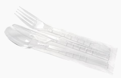 Plastový příbor transparentní (vidlička+nůž+lžíce+ubrousek)